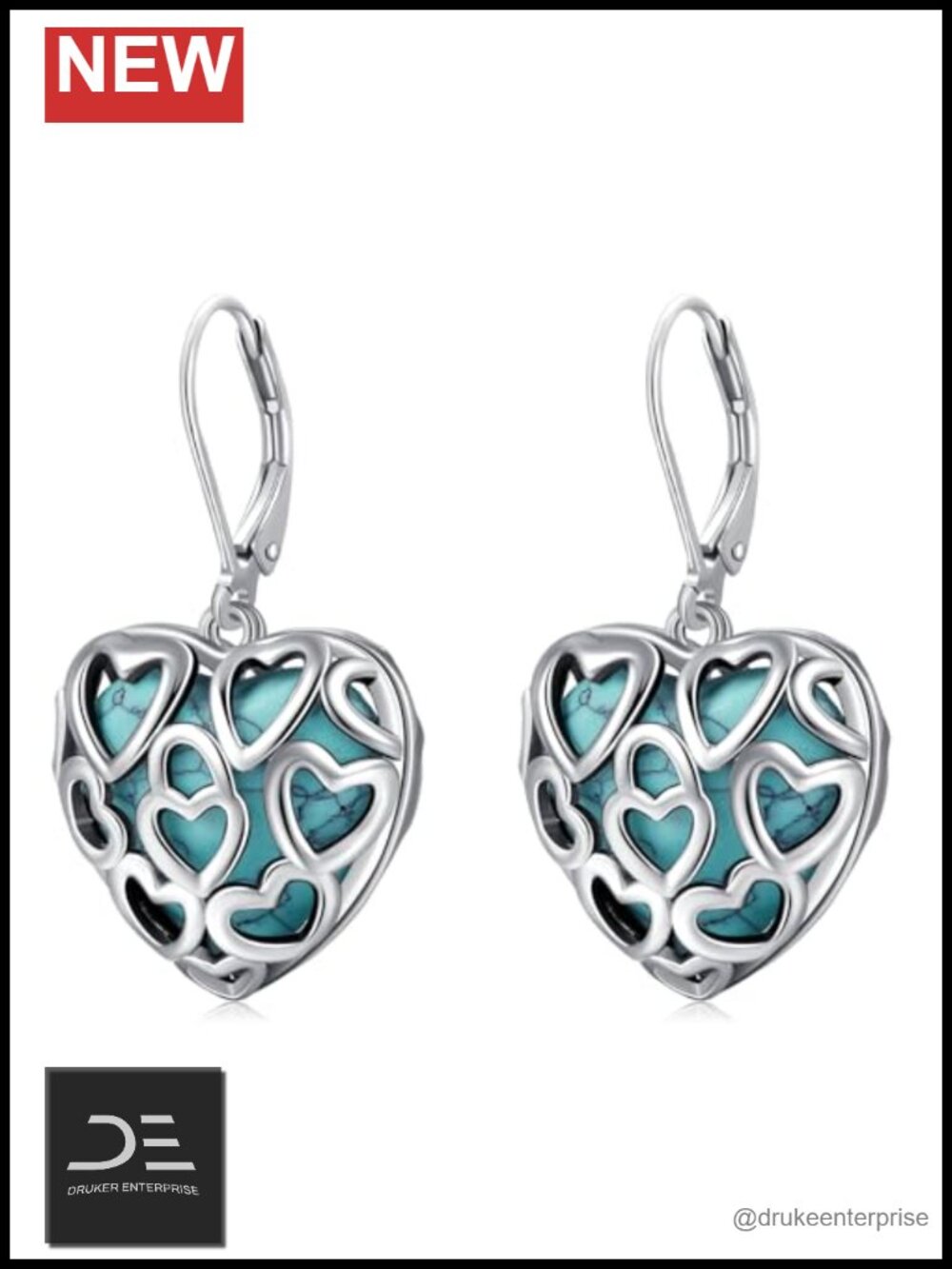 S925 Sterling Silver Turquoise Heart Drop Dangle Earrings
